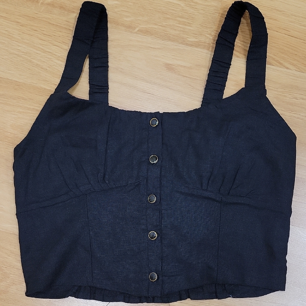 Black Button-Front Cropped Cami with Ruched Straps